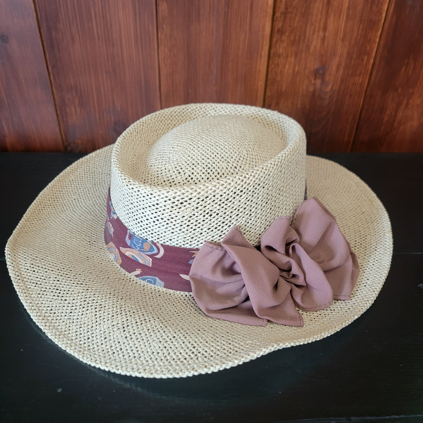 Vintage Greg Norman Style Straw Hat Osfa Usa Made Custom Band  Bow Golf Theme